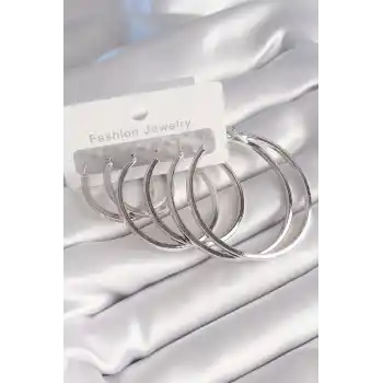 Pirinç Gümüş Renk Halka Model Kadın Küpe Seti