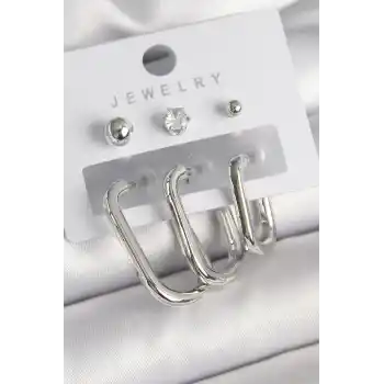 Pirinç Gümüş Renk Halka Model Zirkon Taşlı Topçuk Detay Kadın Küpe Seti