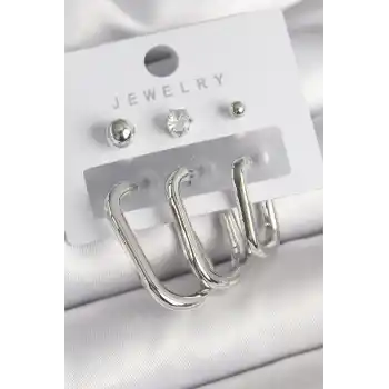 Pirinç Gümüş Renk Halka Model Zirkon Taşlı Topçuk Detay Kadın Küpe Seti