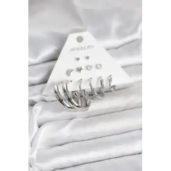 Pirinç Gümüş Renk Halka Modelli 6 Çift Kadın Küpe