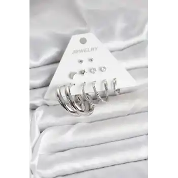 Pirinç Gümüş Renk Halka Modelli 6 Çift Kadın Küpe