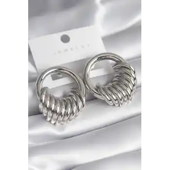 Pirinç Gümüş Renk Halka Sarmal Model Kadın Küpe