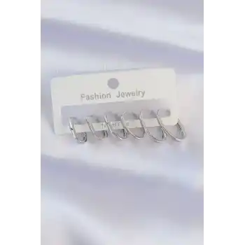 Pirinç Gümüş Renk İnce Oval Küpe Seti