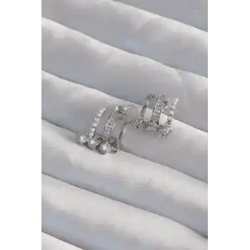 Pirinç Gümüş Renk İncili Çoklu Zirkon Taşlı Yarım Halka Küpe