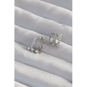 Pirinç Gümüş Renk İncili Çoklu Zirkon Taşlı Yarım Halka Küpe