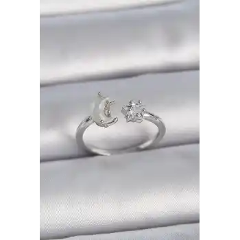 Pirinç Gümüş Renk İncili Hilal Zirkon Taşlı Yıldız Ayarlanabilir Kadın Yüzük