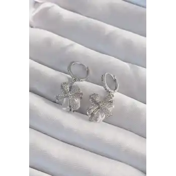 Pirinç Gümüş Renk İri Zirkon Taşlı Fiyonk Model Halka Küpe