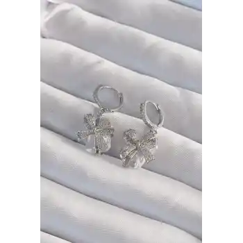 Pirinç Gümüş Renk İri Zirkon Taşlı Fiyonk Model Halka Küpe