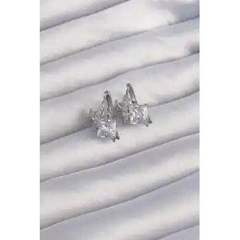 Pirinç Gümüş Renk İri Zirkon Taşlı Kıvrımlı Minimal Kelebekli Halka Küpe