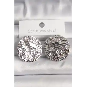 Pirinç Gümüş Renk İşlemeli Daire Plaka Model Kadın Küpe