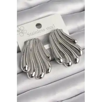 Pirinç Gümüş Renk İşlemeli İstiridye Model Kadın Küpe