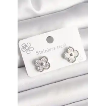 Pirinç Gümüş Renk İşlemeli Yonca Model Kadın Küpe