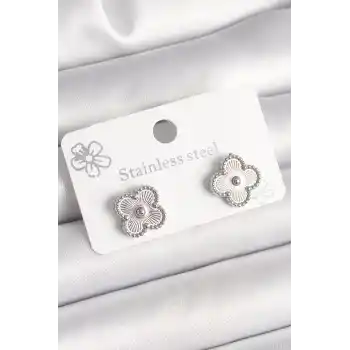 Pirinç Gümüş Renk İşlemeli Yonca Model Kadın Küpe