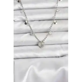 Pirinç Gümüş Renk Kalp Model Kadın Kolye