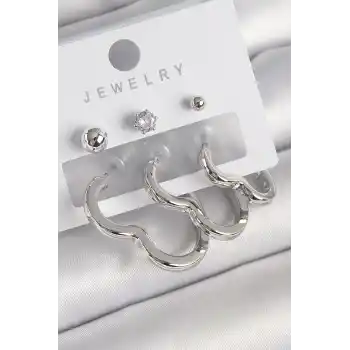 Pirinç Gümüş Renk Kalp Model Zirkon Taş Topçuk Detay Kadın Küpe Seti