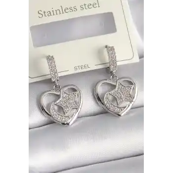 Pirinç Gümüş Renk Kalp Model Zirkon Taşlı Ay Yıldız İşlemeli Kadın Küpe