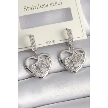 Pirinç Gümüş Renk Kalp Model Zirkon Taşlı Ay Yıldız İşlemeli Kadın Küpe