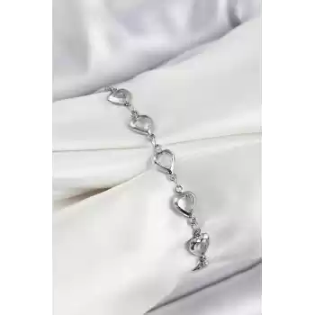 Pirinç Gümüş Renk Kalp Zirkon Taşlı Kadın Bileklik