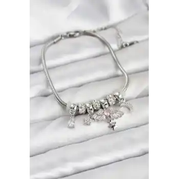 Pirinç Gümüş Renk Kanatlı Charmlı Kadın Bileklik