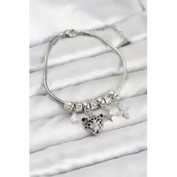 Pirinç Gümüş Renk Kaplan Model Charmlı Kadın Bileklik
