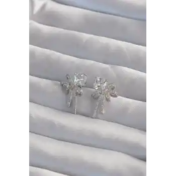 Pirinç Gümüş Renk Kare Zirkon Taşlı Fiyonk Küpe