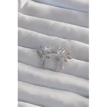 Pirinç Gümüş Renk Kare Zirkon Taşlı Fiyonk Küpe