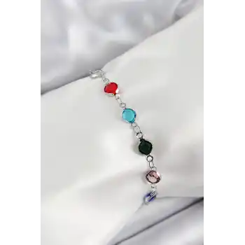 Pirinç Gümüş Renk Karışık Renk Zirkon Taşlı Kadın Bileklik