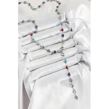 Pirinç Gümüş Renk Karışık Renk Zirkon Taşlı Kalpli Y Kadın Kolye