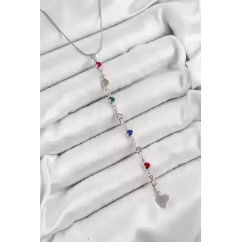 Pirinç Gümüş Renk Karışık Renk Zirkon Taşlı Kalpli Y Kadın Kolye