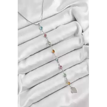 Pirinç Gümüş Renk Karışık Renk Zirkon Taşlı Y Kadın Kolye