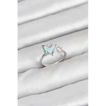 Pirinç Gümüş Renk Kelebek Model Kadın Yüzük