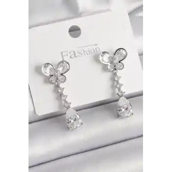 Pirinç Gümüş Renk Kelebek Model Sallantı Damla Zirkon Taşlı Kadın Küpe