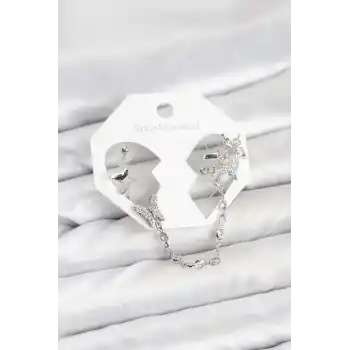 Pirinç Gümüş Renk Kelebek Model Zincir Bağlantılı Ear Cuff Küpe Seti