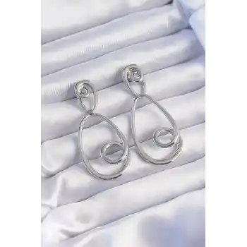 Pirinç Gümüş Renk Kıvrımlı Sallantılı Küpe