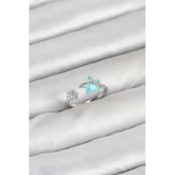 Pirinç Gümüş Renk Mavi Yıldızlı Model Kadın Yüzük