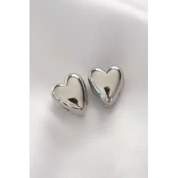 Pirinç Gümüş Renk Minimal Bombeli Kalp Küpe