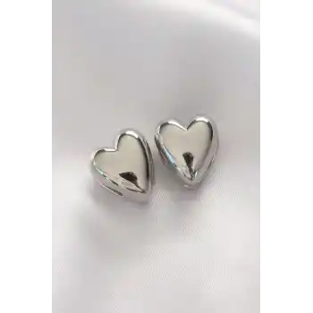 Pirinç Gümüş Renk Minimal Bombeli Kalp Küpe