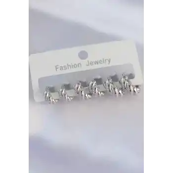 Pirinç Gümüş Renk Minimal Tırtıklı Küpe Seti