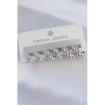 Pirinç Gümüş Renk Minimal Tırtıklı Küpe Seti