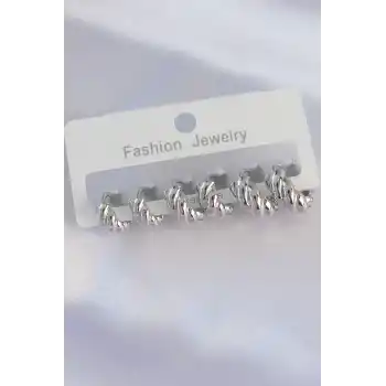 Pirinç Gümüş Renk Minimal Tırtıklı Küpe Seti