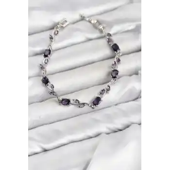 Pirinç Gümüş Renk Mor Zirkon Taşlı Çiçek Model Kadın Bileklik