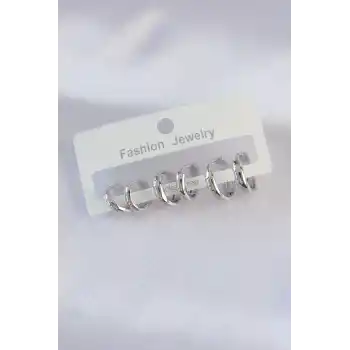 Pirinç Gümüş Renk Oval Bombeli Küpe Seti