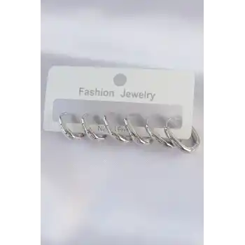 Pirinç Gümüş Renk Oval Küpe Seti