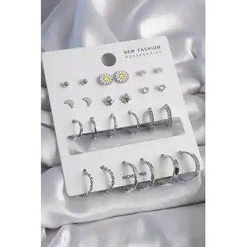 Pirinç Gümüş Renk Papatya Detaylı 12 Çiftli Kadın Küpe Seti