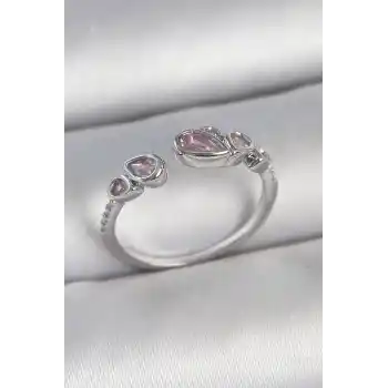 Pirinç Gümüş Renk Pembe Damla Zirkon Taşlı Ayarlanabilir Model Kadın Yüzük