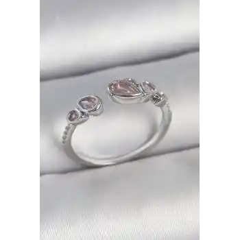 Pirinç Gümüş Renk Pembe Damla Zirkon Taşlı Ayarlanabilir Model Kadın Yüzük