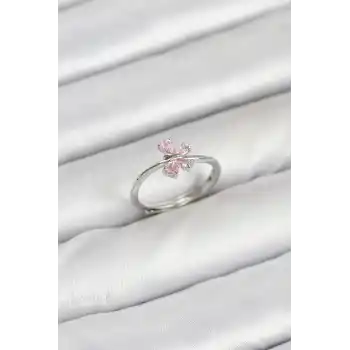 Pirinç Gümüş Renk Pembe Kelebek Kadın Yüzük