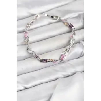 Pirinç Gümüş Renk Pembe ve Mor Zirkon Taşlı Çiçek Model Kadın Bileklik