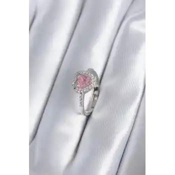 Pirinç Gümüş Renk Pembe Zirkon Taş Kalp Charm Model Kadın Yüzük