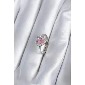 Pirinç Gümüş Renk Pembe Zirkon Taşlı Charm Model Kadın Yüzük